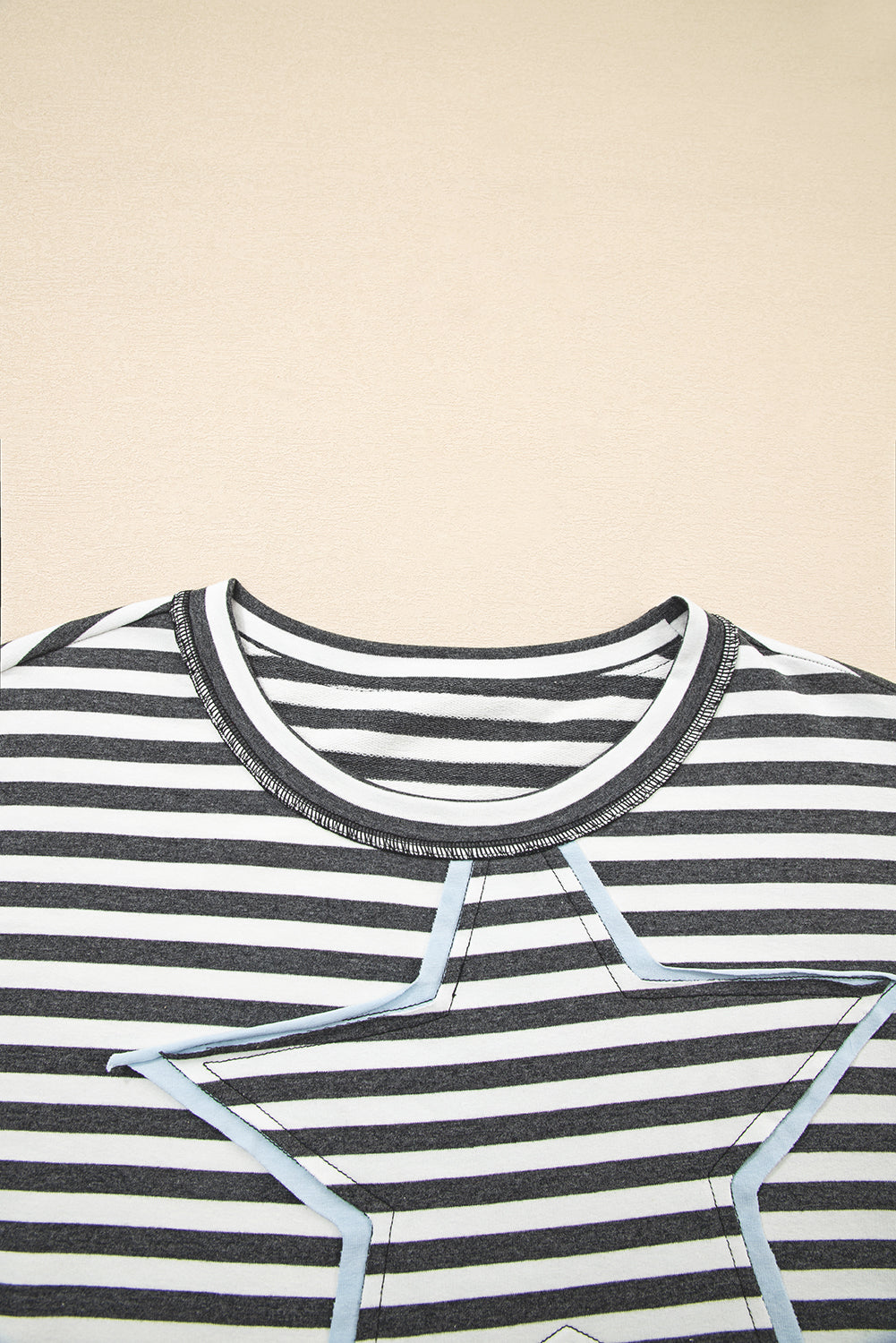 Gray Stripe Starry Patch Drop Shoulder Raw Edge Casual Knit Top