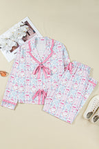 Festive Pink Bow Wreath Pattern Christmas Holiday Tied Front Long Sleeve 2-Piece Pajama Set