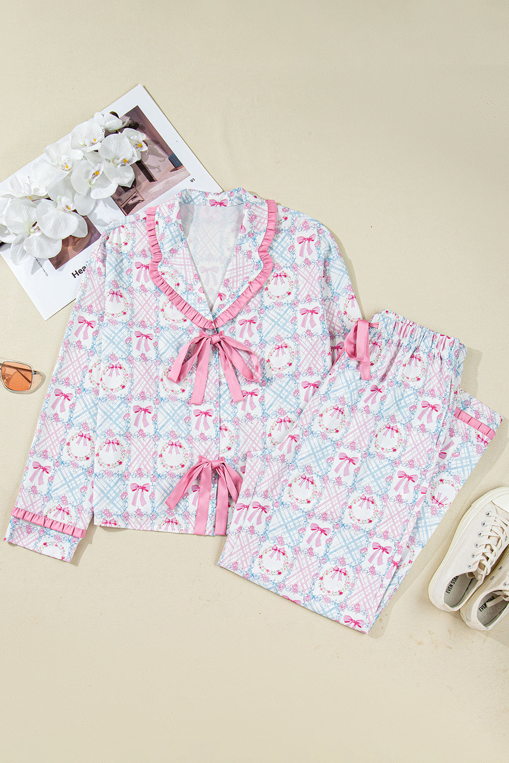 Festive Pink Bow Wreath Pattern Christmas Holiday Tied Front Long Sleeve 2-Piece Pajama Set