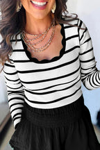Black white Scalloped Trim U Neck Striped Ribbed Slim Sweater