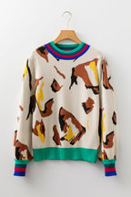 Apricot Contrast Ribbed Stripes Detail Animal Pattern Knit Sweater