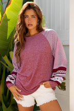 Mineral Red Contrast Print Striped Raglan Long Sleeve Loose Top