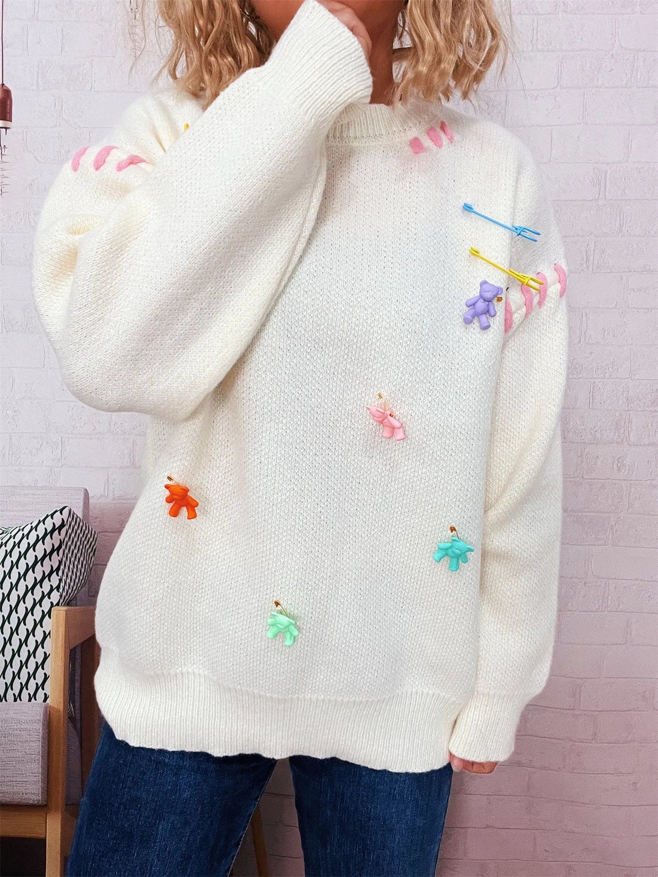 Bear Decoration Round Neck Sweater