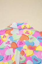 Pink Valentines Candy Heart V Neck Collared Tunic Shirt and Shorts 2pcs Pajama Set for Women