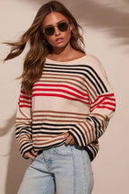 Red Stripe Raw Seam Round Neck Drop Shoulder Sweater
