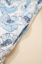 Sky Blue Floral Print Tie Neck Long Sleeve Flowy Mini Dress