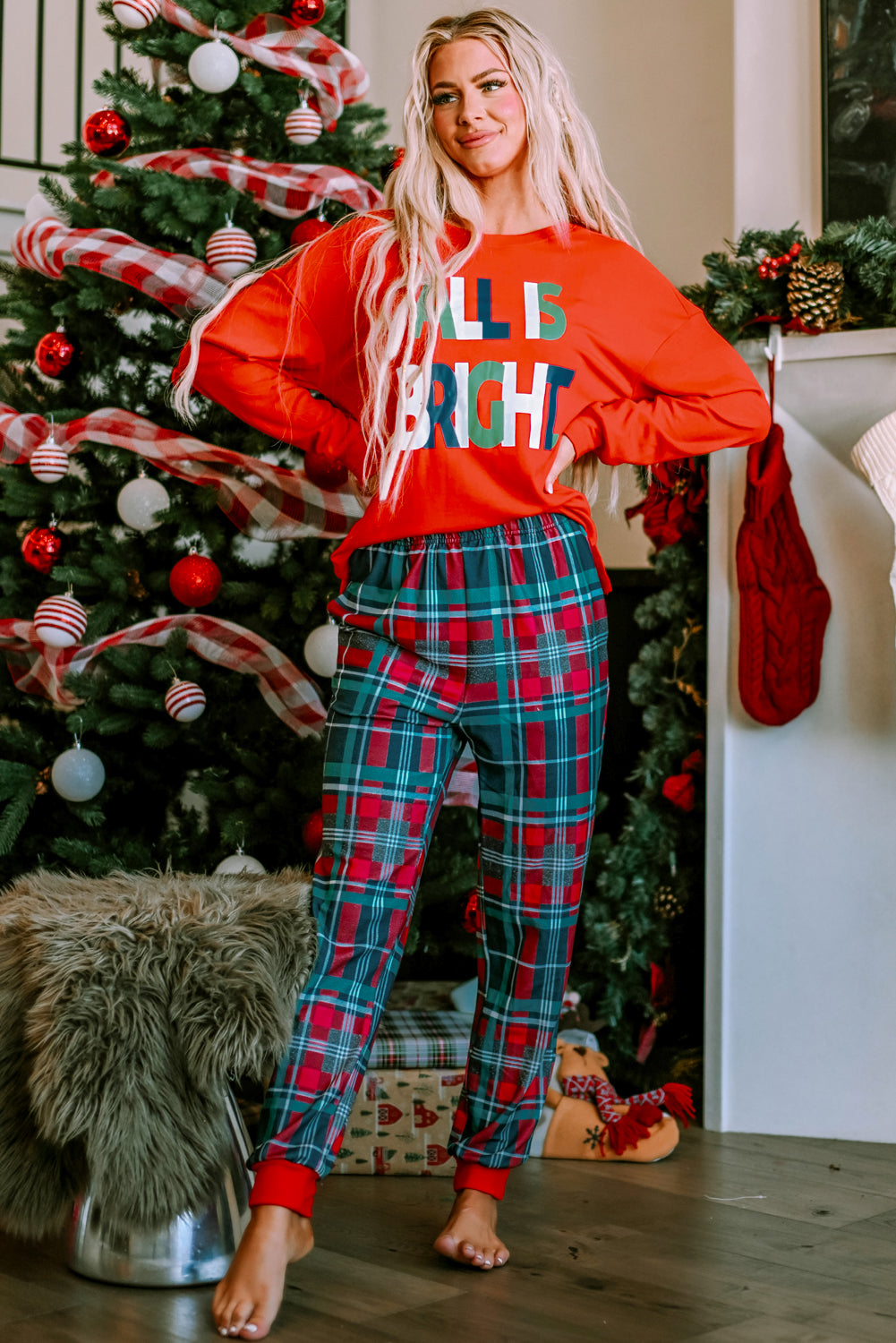 Cozy "ALL IS BRIGHT" Graphic Christmas Plaid Pajama Set for Women - Festive Long Sleeve Top & Jogger Pants