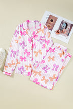 Pink Striped Bow Print Contrast Piping Trim Shirt and Pants 2pcs Pajama Set