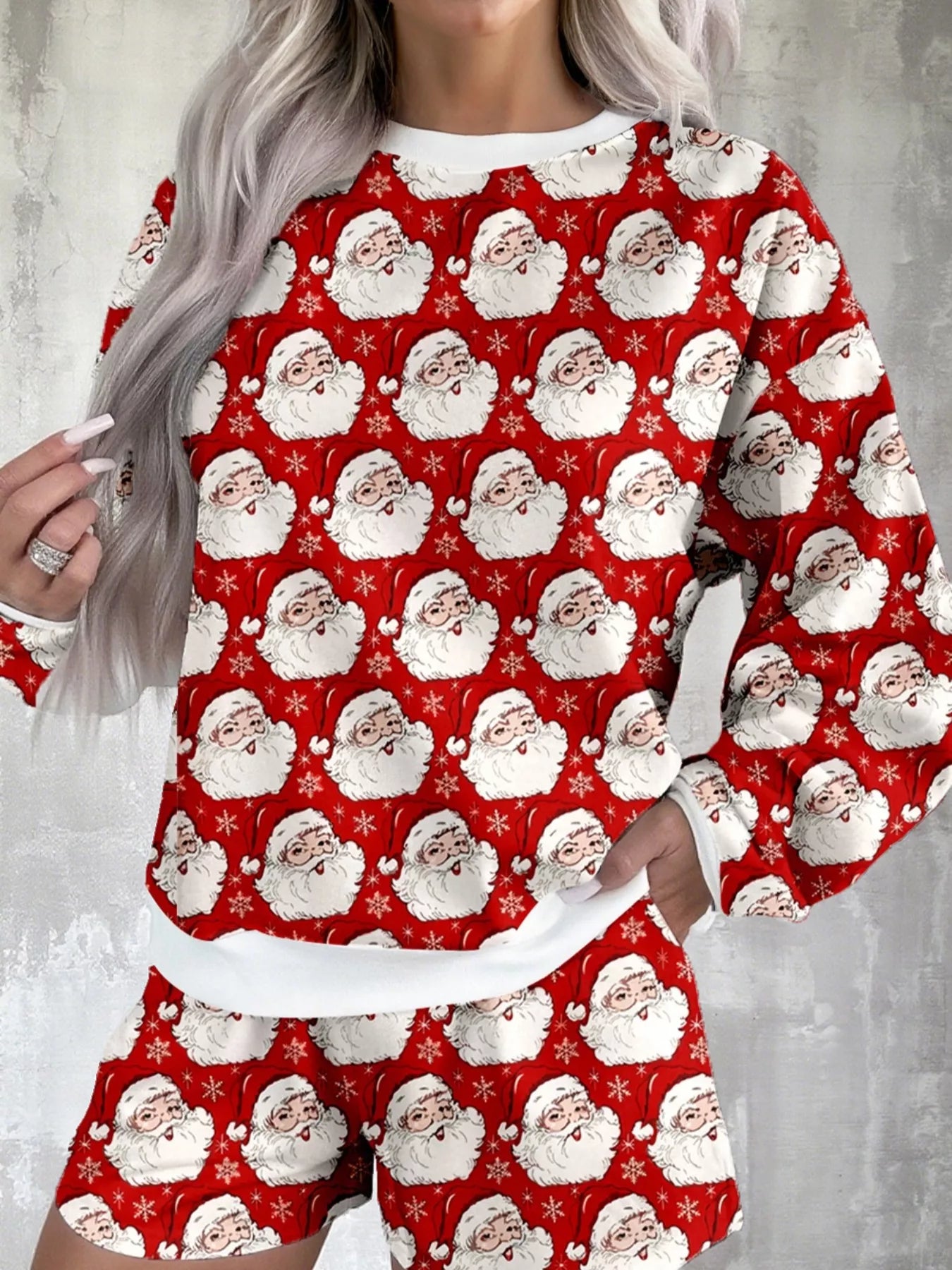 Christmas Santa Print Round Neck Top and Shorts Lounge Set