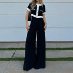Chic Casual Short Top & Straight-Leg Pants Two-Piece Set for Daily Wear and Outings