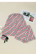 Cozy Green Stripe Contrast Velvet Ribbon Knot Pajama Set - 2-Piece Sleepwear