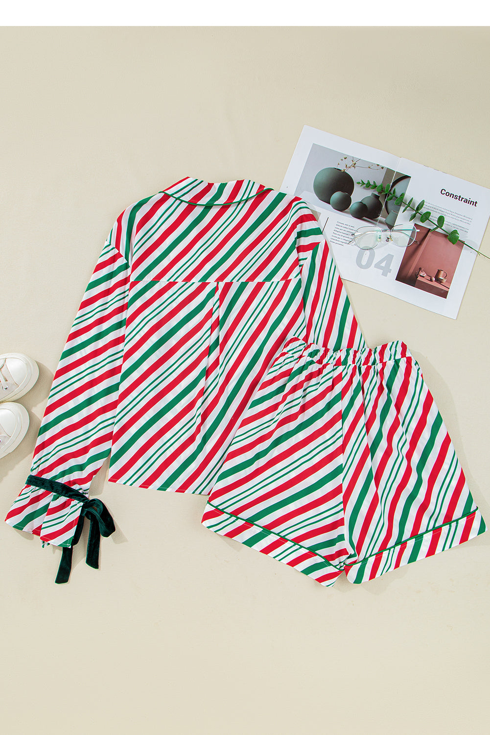 Cozy Green Stripe Contrast Velvet Ribbon Knot Pajama Set - 2-Piece Sleepwear