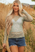 Laurel Green Vintage Floral Print Southern Style Mesh Long Sleeve Top