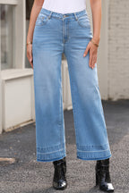 Dusk Blue Raw Hem Straight Leg Loose High Waist Jeans
