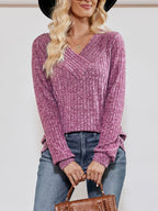 Ribbed Knit V-Neck Long Sleeve T-Shirt