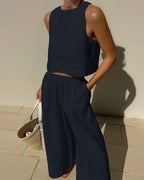 Women's Chic Solid Color Sleeveless Cotton 2-Piece Leisure Set