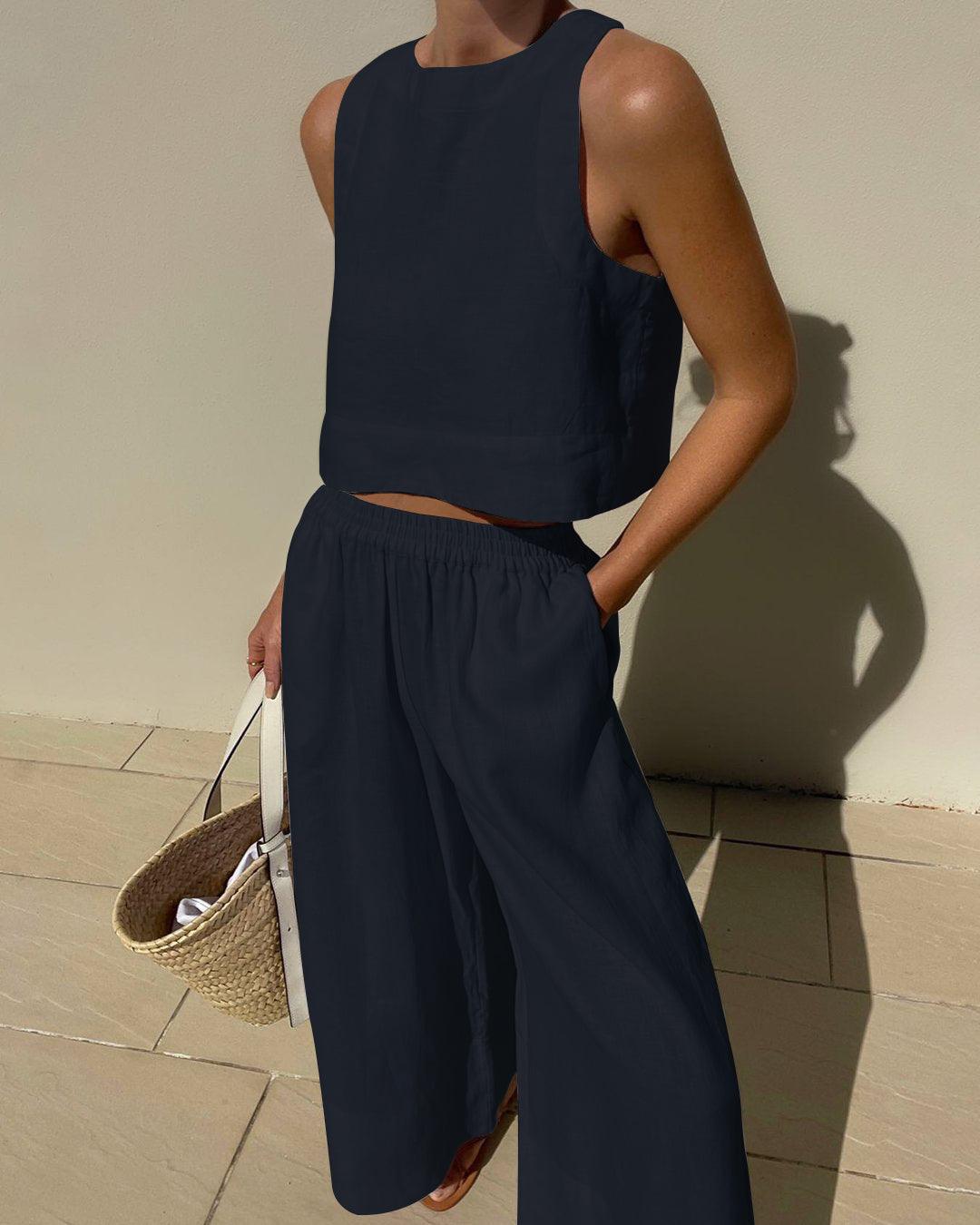 Women's Chic Solid Color Sleeveless Cotton 2-Piece Leisure Set
