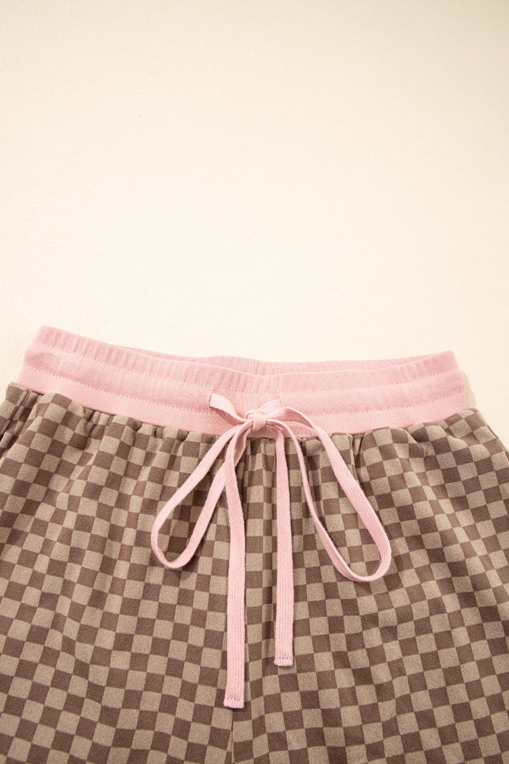 Brown Checkerboard Long Sleeve Pullover and Shorts Set