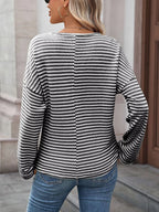 Striped Notched Long Sleeve T-Shirt