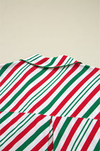 Cozy Green Stripe Contrast Velvet Ribbon Knot Pajama Set - 2-Piece Sleepwear