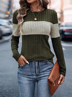 Color Block Ribbed Knit Long Sleeve T-Shirt