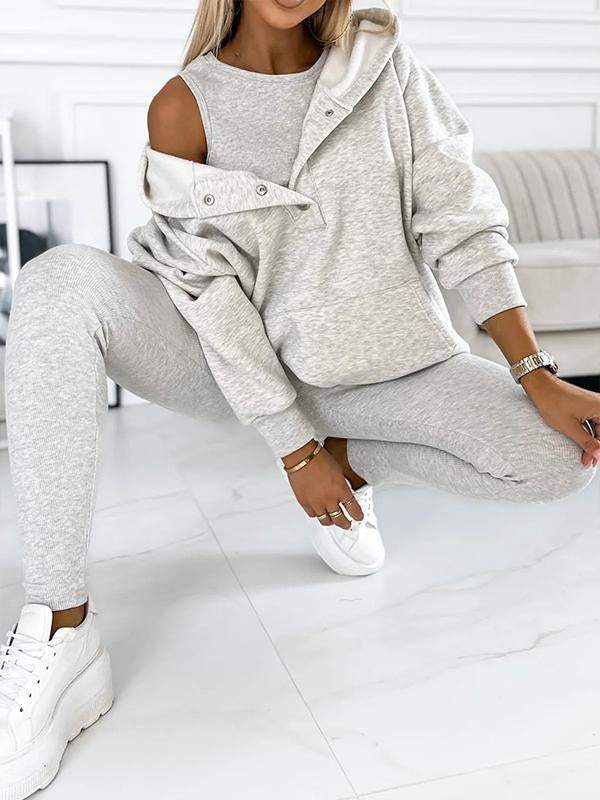 Comfortable & Stylish Grey Three-Piece Sweatshirt Set for Women - Includes Vest, Top, and Pants