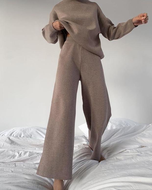 Chic Solid Color Loose Casual Knitted Two-Piece Suit - Long Sleeve Top & Pants Set