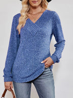 Ribbed Knit V-Neck Long Sleeve T-Shirt