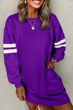 Tillandsia Purple Varsity Contrast Banded Sleeve Shift Sweatshirt Dress