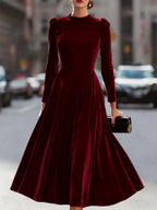 Luxurious   Velvet Long-Sleeve Midi Dress