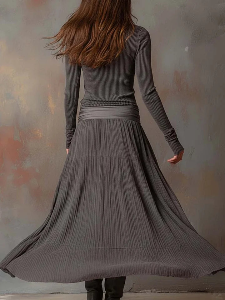 Retro Grey Ribbed Stretch Slim-Fit Knit Set for Women - Comfortable & Elegant