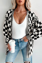 Black Checkered Open Front Drop Shoulder Cardigan