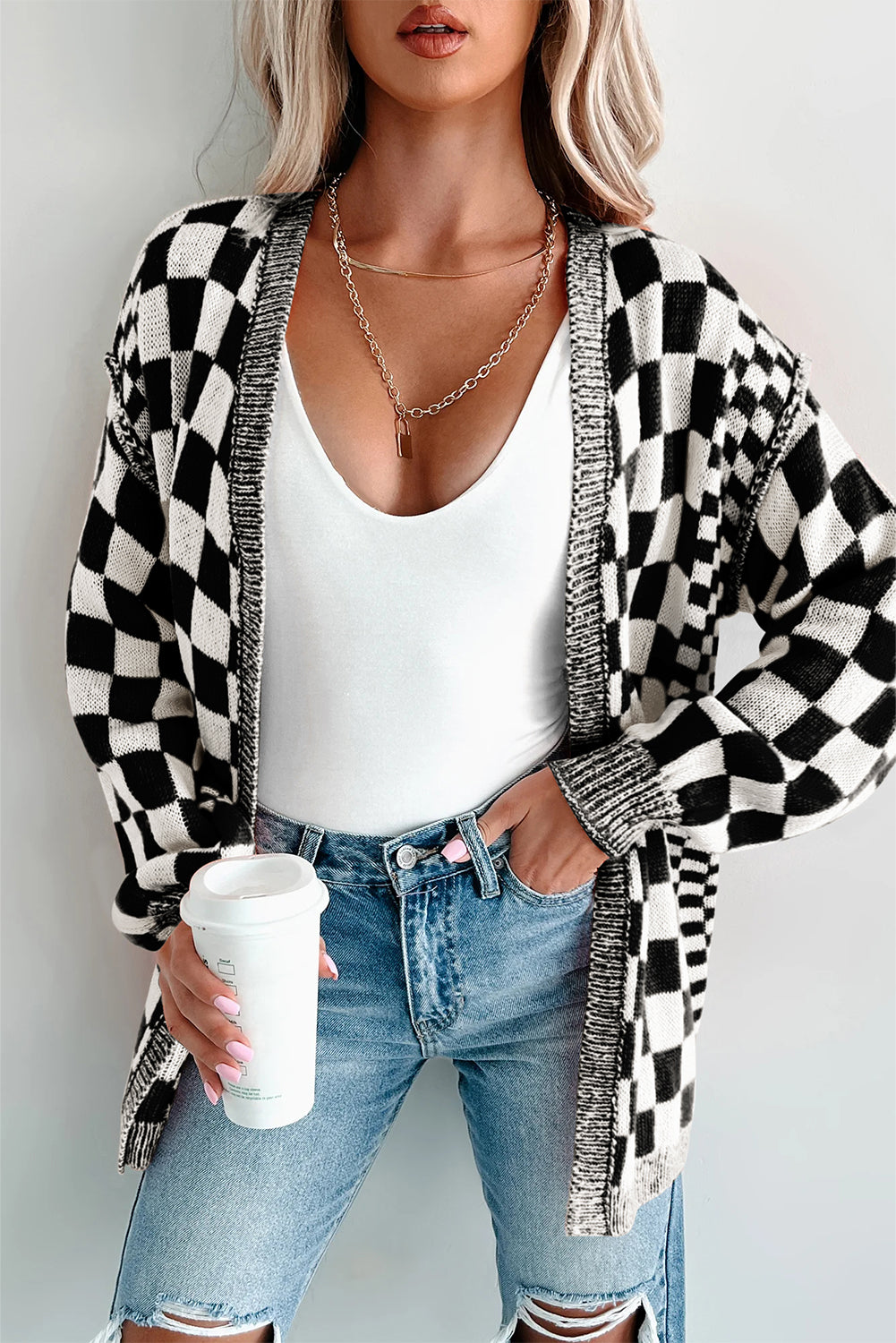 Black Checkered Open Front Drop Shoulder Cardigan