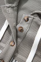 Gray Waffle Printed Patchwork Drawstring Hooded Long Sleeve Top