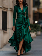 Midnight Blue Draped Satin Maxi Dress With Ruffle Details