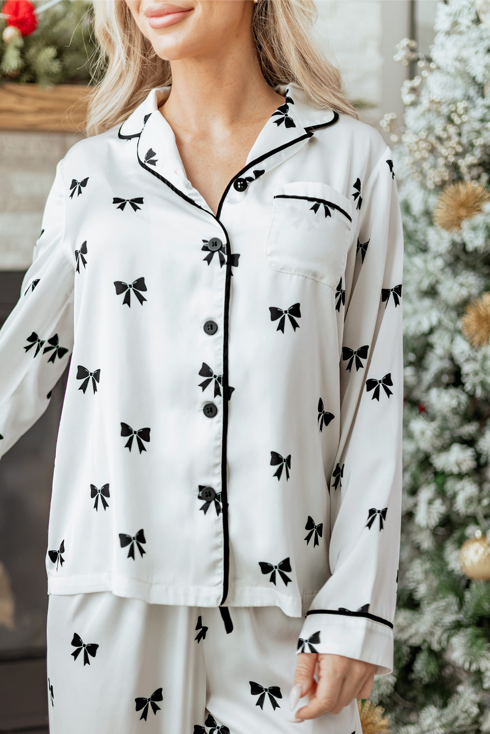 Elegant White Bows Print Two-Piece Sleepwear Set - Long Sleeve Collar Top & High Waist Pants