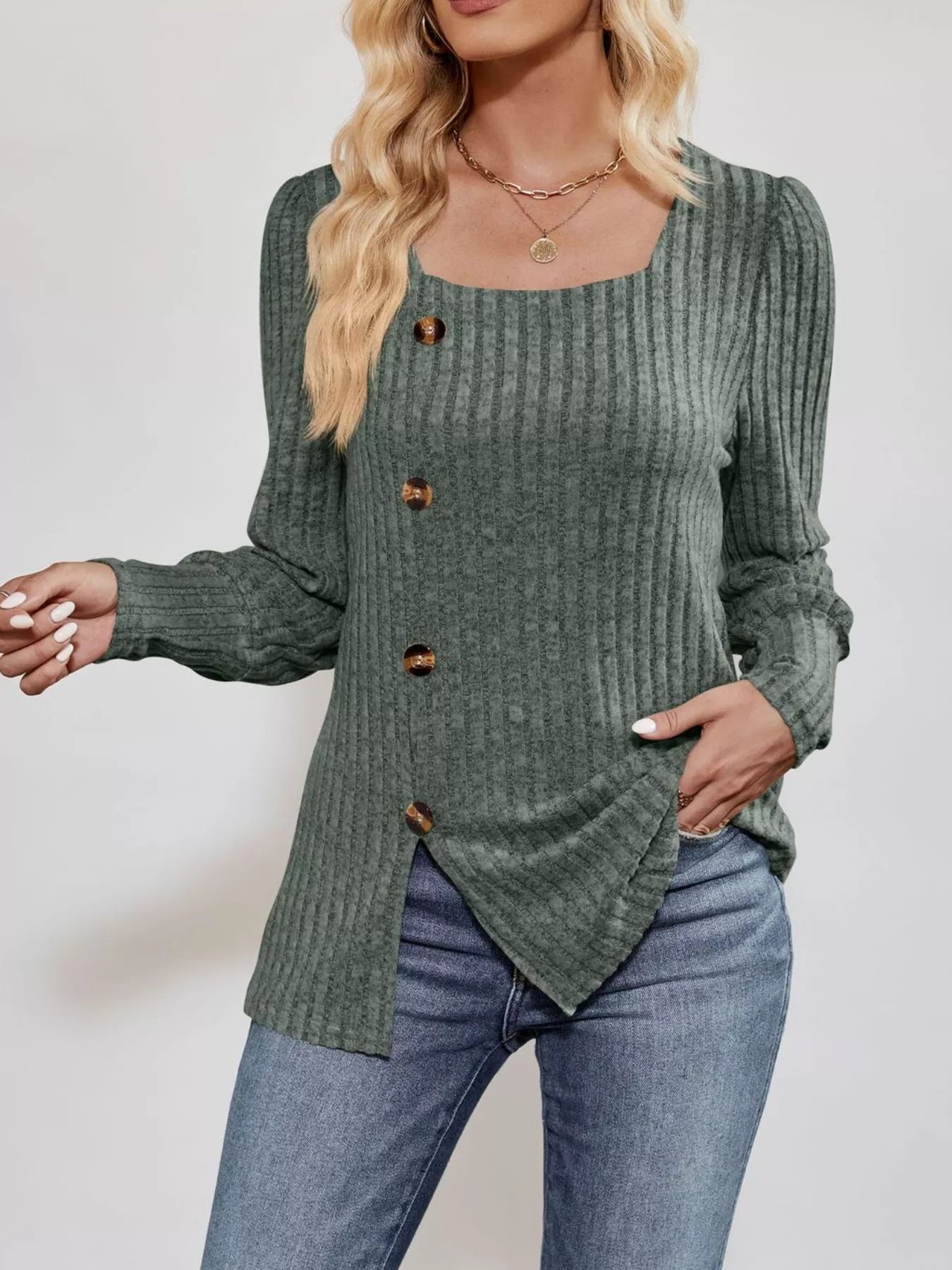 Ribbed Knit Slit Long Sleeve T-Shirt