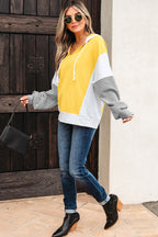 Yellow Stripe Color Block Drawstring V Neck Loose Fit Hooded Top