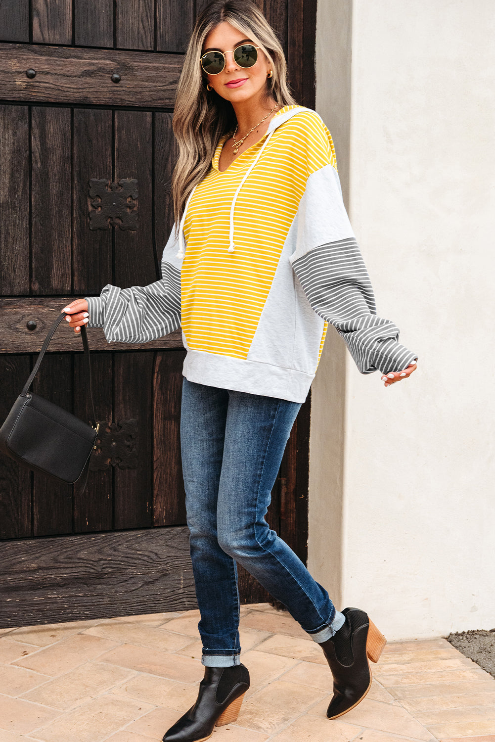 Yellow Stripe Color Block Drawstring V Neck Loose Fit Hooded Top