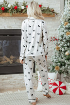 Elegant White Bows Print Two-Piece Sleepwear Set - Long Sleeve Collar Top & High Waist Pants