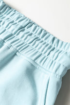 Mist Blue Drop Shoulder Puff Sleeve Crop Pullover Drawstring Wide Leg Pants Set