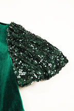 Evergreen Sequin Puff Sleeve High Waist Tiered Velvet Mini Dress