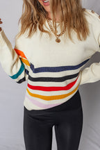 White Button Shoulder Detail Striped Print Drop Shoulder Sweater