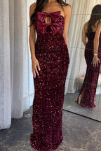 Red Dahlia Satin Bow Decor Sequin Strapless Long Party Dress