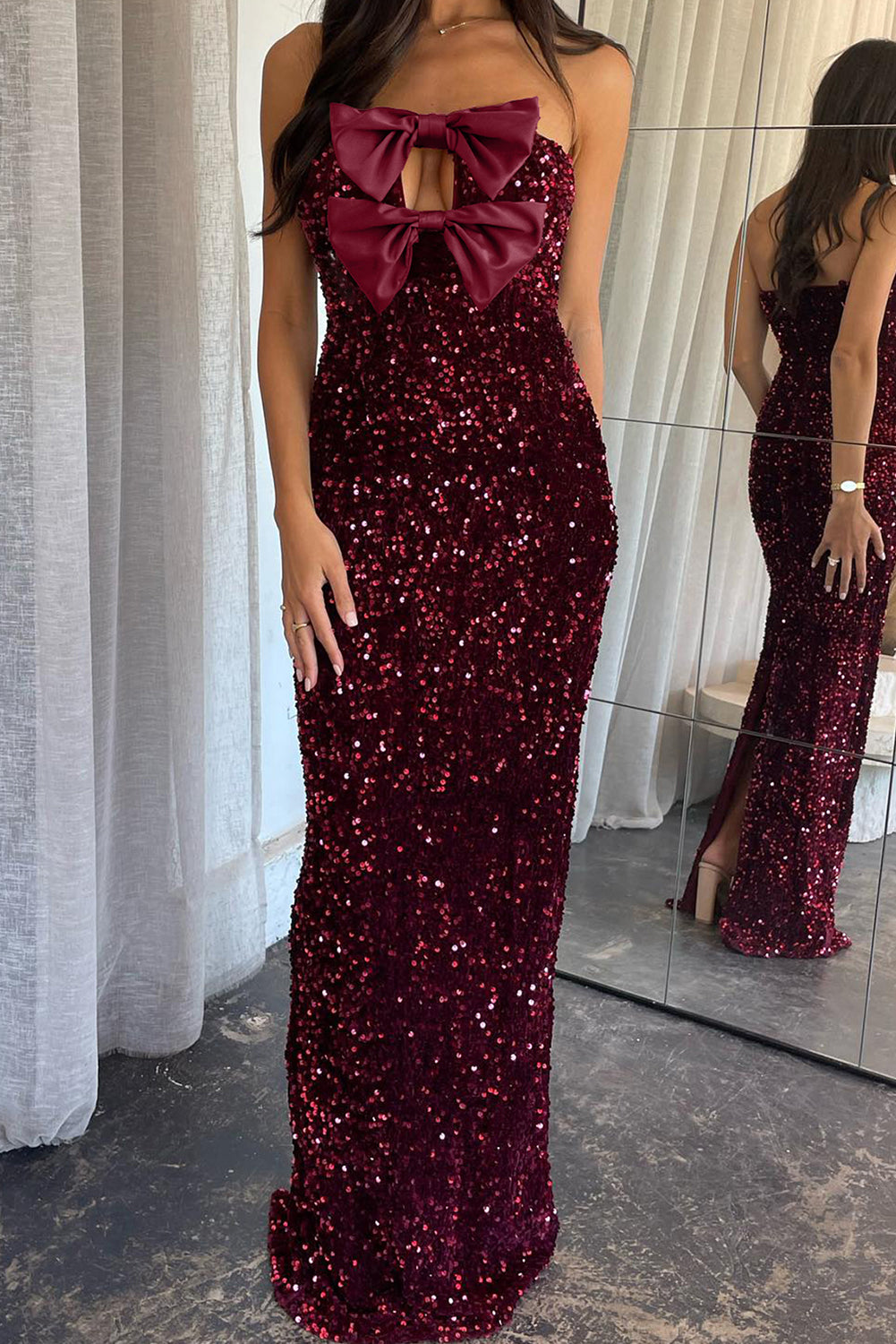 Red Dahlia Satin Bow Decor Sequin Strapless Long Party Dress