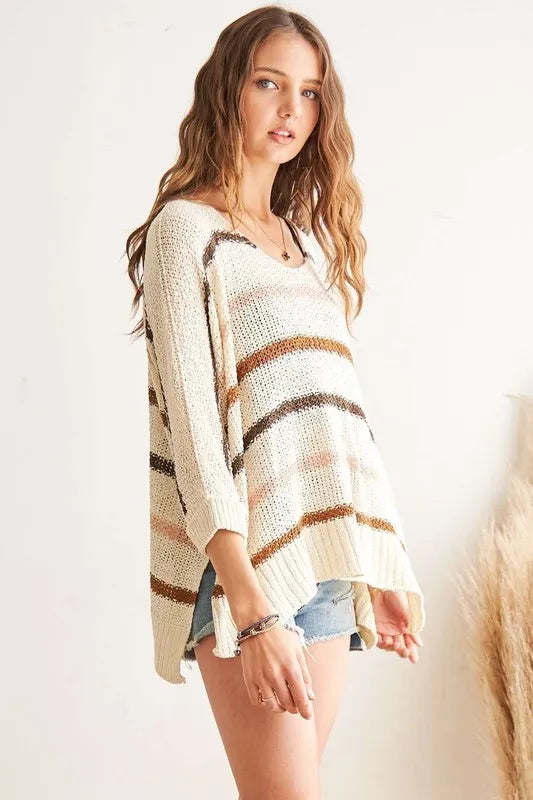 ADORA Full Size Multi Color Strip Sweater Plus Size