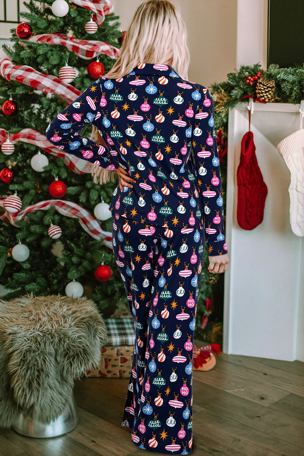 Navy Blue Christmas Lights Print Shirt and Pants Pajama Set - Festive & Comfortable