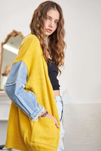ADORA Full Size Frayed Denim Sleeve Sweater Cardigan Plus Size