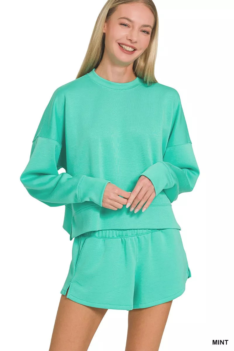 Zenana Scuba Long Sleeve Sweatshirts & Shorts Set