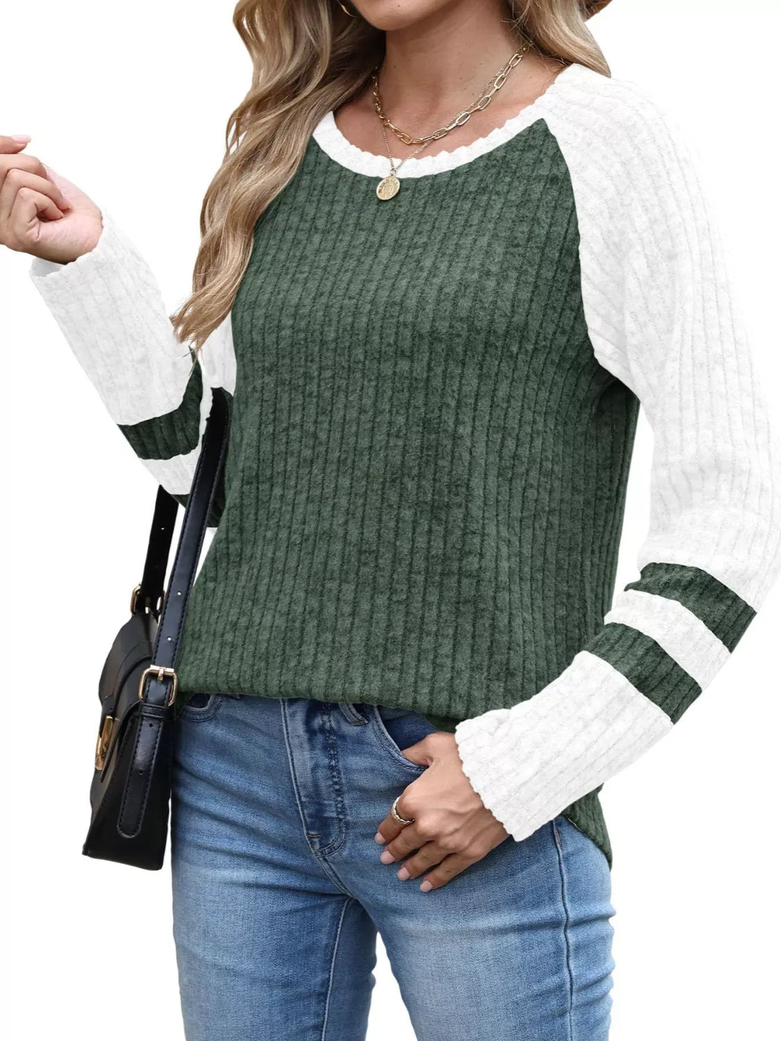Ribbed Knit Raglan Long Sleeve T-Shirt